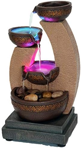 11" H Golden Tiered Bowl Fountain with Color Changing LED Lights with Adapter Brown
