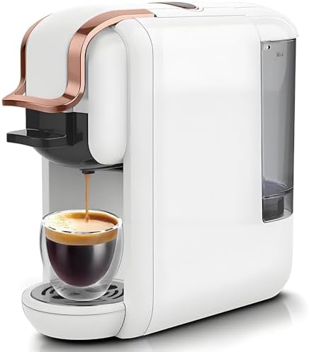 4-in-1 Pods Coffee Maker 19Bar, Compact Design Fast Brew Hot/Cold Espresso Machine for K Cup Pods,Nes Original/DG Capsule and Ground Coffee at Home or Office (White)