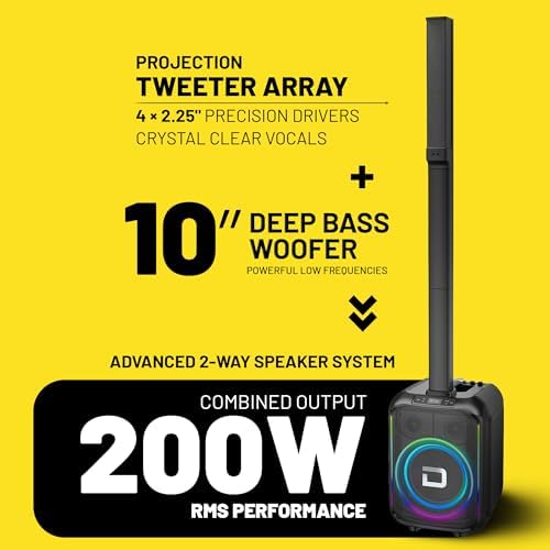 Dolphin Karaoke Bluetooth Party Speaker with 2 Wireless Mics, 10" Woofer | 200W RMS, Adjustable 3-Piece Tower Design, WaveSync TWS Pairing, USB/AUX