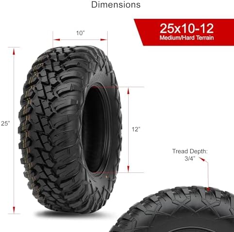 Tusk Terrabite 25x10-12 Radial Tire for UTV/ATV, Medium/Hard Terrain, Heavy Duty 8-Ply Rated Construction, Reinforced Sidewall Tread Armor