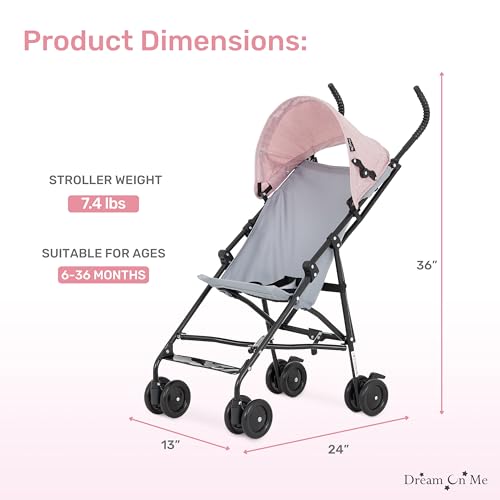 Dream On Me Aero Travel Umbrella Stroller, 1-Hand Fold, Lightweight, Black | 3 Point Safety Harness, Dual Brakes, Adjustable Removable Canopy, Sturdy Steel Frame, Compact, For Toddlers 6-36 months