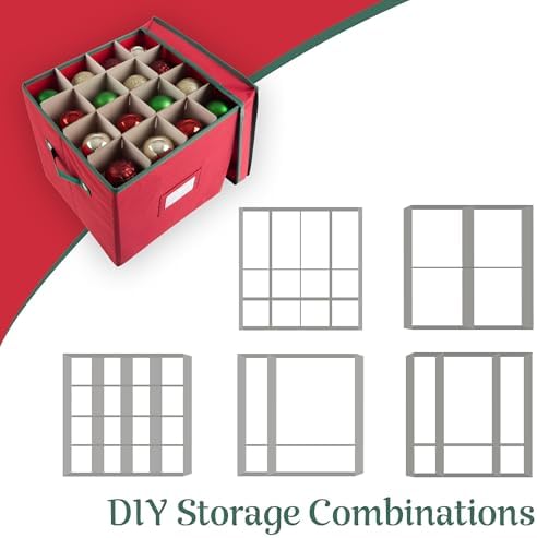 Christmas Decor Storage Box - Red Oxford Canvas Ornament Cube Chest With 64 Compartment Dividers, Riveted Handles, and Lid by Elf Stor