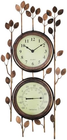 BESTIME 66059 Two-in-one Leaf Design Metal Clock.Wall Art Clock, Thermometer, Interior and Outdoor Decoration, Whether Industrial, Country, Rustic