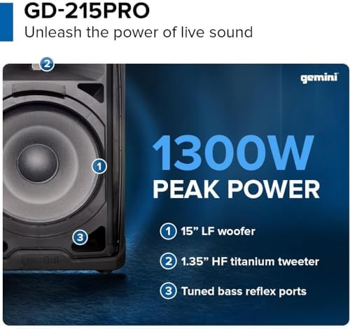 Gemini Sound GD-215PRO 1300-Watt Professional PA Speakers with Bluetooth Bundle with Auray SS-4420 Steel Speaker Stand and XLR- XLR Cable