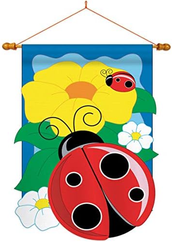 Two Group HS104049-P2-03 Ladybug Garden Friends Bugs & Frogs Applique Decorative Vertical 28" x 44" Double Sided House Flag Set Wood Dowel with