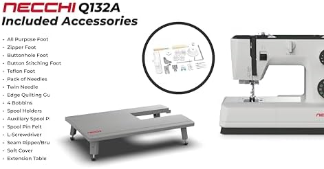 NECCHI Q132A Sewing Machine with Extension Table, Italian Designed, Stainless Steel Metal Bedplate, 32 Built-In Stitches, Accessory Kit Included.