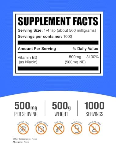 BulkSupplements.com Niacin Powder - Vitamin B3 Supplement, Niacin Flush - Gluten Free, 500mg per Serving, 250g (8.8 oz) (Pack of 1)