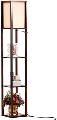 Brightech Maxwell - Modern Shelf Floor Lamp with Lamp Shade & Warm White LED Bulb, Corner Display Floor Lamp with Shelves for Living Room, Bedroom, Nightstand Office, Home Decor Storage - Natural Wood