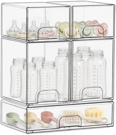 QRRICA Baby Bottle Organizer for Countertop, 5-Piece Stackable Clear Acrylic Storage with Non-Slip Pads & Handles – Large Capacity for Kitchen