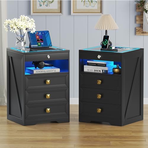 Lvifur LED Nightstand with Lockable Gun Drawer and Human Sensor, Black | USB & Type-C Charging Station, 3 Dimmable Lights, Adjustable Brightness, 3 Drawers, Farmhouse Style, Human Body Induction
