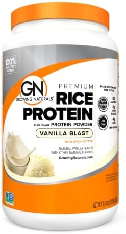 Growing Naturals Organic Rice Protein Powder - 15g Plant Protein, 2.8G BCAA - Low-Carb, Low-Sugar, Non-GMO - Vanilla Blast, 2 Pound (Pack of 1)