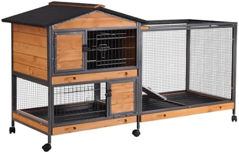 Aivituvin Rabbit Hutch, Indoor Bunny Cage with Run Outdoor Rabbit House with Two Deeper No Leak Trays - 4 Casters Include (Grey)