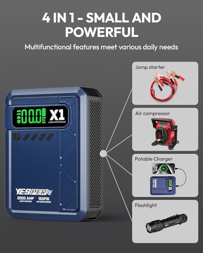 YESPER Jump Starter with Air Compressor 2000A 150PSI Battery Jumper Starter Portable(8L Gas/6L Diesel), 12V Car Jump Pack Battery Charger Jump Box with Jumper Cables, LCD Display, Lights | 2000A Battery Jumper Starter Portable(8L Gas/6L Diesel), Car Batt…