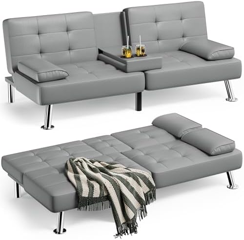 JUMMICO Faux Leather Futon Sofa Bed, Sleeper Sofa with Adjustable Backrest