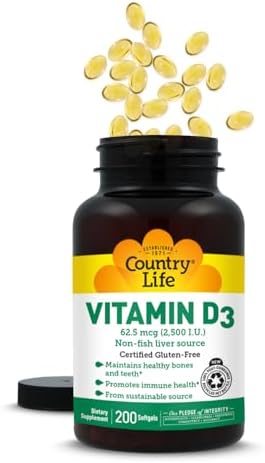 Country Life Vitamin D3 2500 IU, Non-Fish Source, 200 Softgels | Supports calcium absorption and helps maintain healthy bones