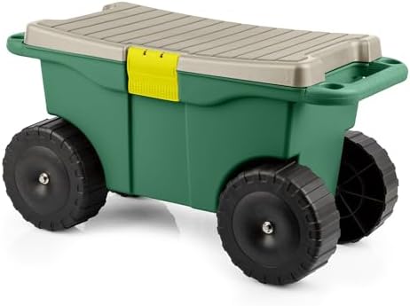 Rolling Garden Cart with Seat - Plastic Storage with Bench and Interior Tool Tray - Gardening Stool for Weeding and Planting By Pure Garden (Green) | Plastic Storage with Bench and Interior Tool Tray - Gardening Stool for Weeding and Planting