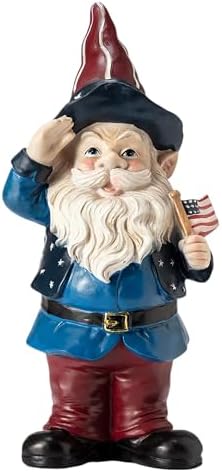 Alpine Corporation 12" Tall Outdoor Patriotic Garden Gnome Saluting Yard Statue Decoration