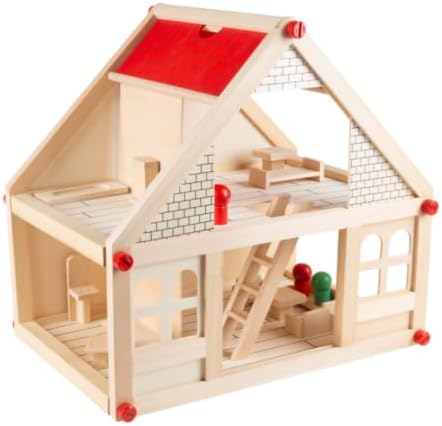 Hey Play Dollhouse for Kids, 15.75” x 11.5” x 15” | Classic Pretend Play 2 Story Wood Playset with Furniture Accessories and Dolls for Toddlers