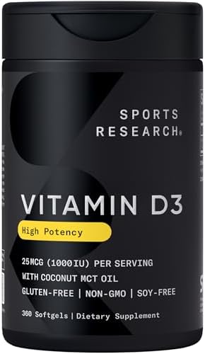 Sports Research® Vitamin D3 5000iu/125mcg with Coconut Oil, 360 Softgels | Extra Strength Vitamin D Supplement | Immune, Bone, Mood Support | Non-GMO, Soy Free - 360 Servings