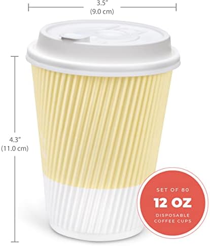 Disposable Coffee Cups With Lids - (80 set) 12 oz Paper To Go Coffee Cups With Resealable Lids Prevent Leaks! Travel Insulated Hot Beverage Drink Cup. Will Not Bend With Heat or Burn Fingers