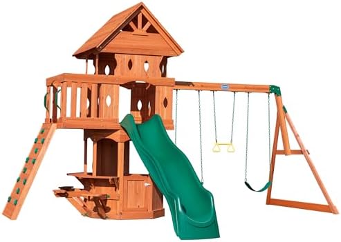 Backyard Discovery Woodland Cedar Wood Swing Set with Wave Slide, Clubhouse, Rock Wall, Snack Bar Station, Benches, Belt Swings, Trapeze, Half Door