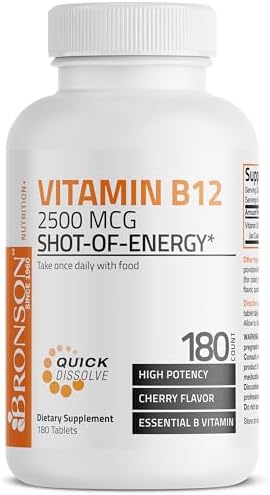 Vitamin B12 2500mcg Shot of Energy Fast Dissolve Chewable Tablets - Quick Release Cherry Flavored Sublingual B12 Vitamin - Supports Nervous System, Healthy Brain Function Energy Production – 90 Count
