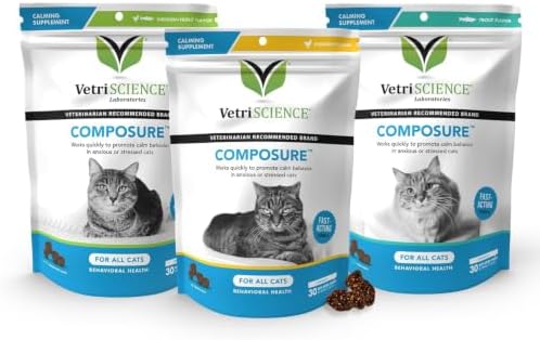 VetriScience Composure Calming Chews for Cats – Supports Relaxation & Balanced Behavior During Travel & Vet Visits, Daily Stress & Anxiety Support Supplement, Chicken Flavor, 30 Count