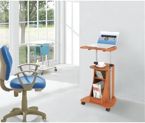 Pemberly Row Sit-to-Stand Rolling Laptop Cart, Adjustable Height 28-46 in, Wood Grain Finish MDF Panels, Open Storage with Accessory Shelf