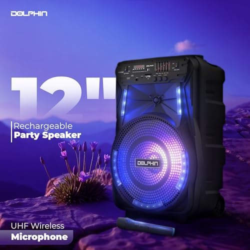 Dolphin Large Bluetooth Party Speaker with Trolley & Wheels, 12" Woofer | WaveSync Pairing, 5-Band EQ, Piezo Tweeter, USB, SD, FM & AUX Inputs