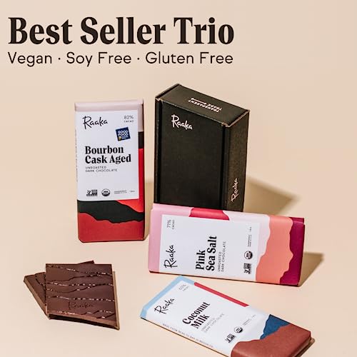 Raaka Chocolate Best Sellers Trio | Gourmet Dark Chocolate Gift | Organic, Vegan, Fair Trade, Soy Free, Non-GMO, Gluten Free, Kosher | 1.8oz Bars
