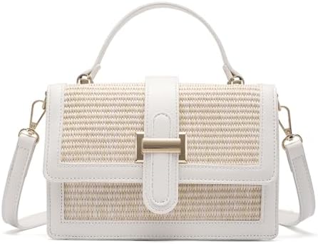 Straw Crossbody Bag, Vegan Leather Patchwork Summer Purse with Top Handle, Small Woven Bag for Beach & Wedding