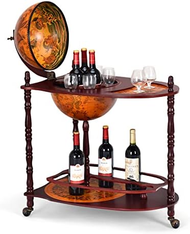 Goplus Globe Bar, 34.5” Globe Bar Liquor Cabinet with Wheels, Bottom Shelf, Old World Map, 16th Century Italian Replica Bar Globe, Retro Wine Stand