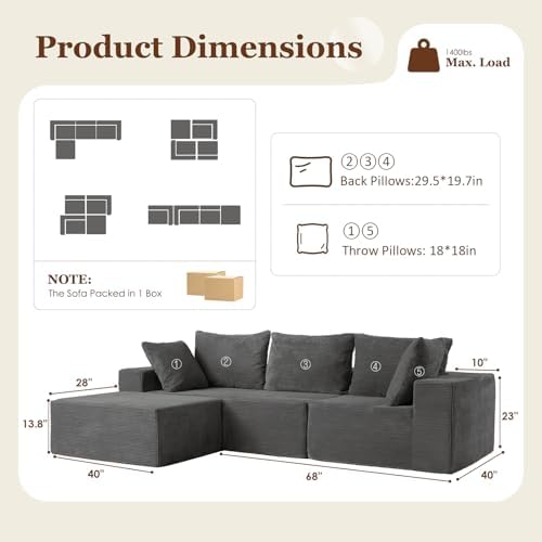 INGEROOM 108" Cloud Sectional Couch with L-Shape Chaise, Modular Sofa Memory Foam, Boneless Sofa with Movable Ottoman