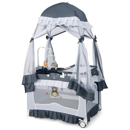 HONEY JOY 4-in-1 Pack and Play with Canopy, Portable Baby Playard w/Changing Table and Infant Bassinet Cute Toys & Music