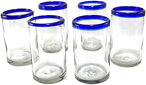 MAREY Hand Blown Drinking Glasses Artisan Crafted from Mexico Set of 6 pieces (Cobalt Blue Rim, Water 16 Oz.)