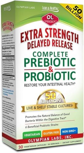 Olympian Labs Complete Prebiotic and Probiotic Supplement - 25 Billion Live Shelf Stable Cultures - 30 Vegetarian Capsules, Helps Restore the Natural Balance Within the Digestive Tract.