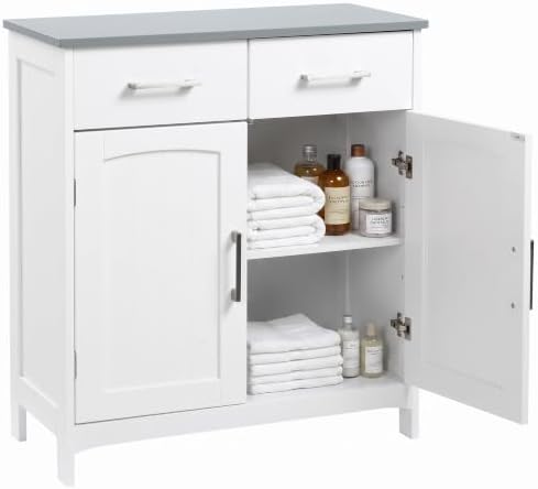 kleankin Bathroom Floor Cabinet Freestanding Linen Cabinet 2 Drawers White | Double Doors, Adjustable Shelf