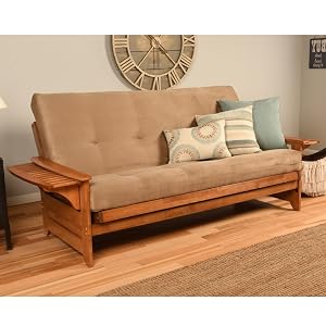 futon, couch, hide a bed, bed, sofa, living room, brown, suede, upholstered, bedroom, guest