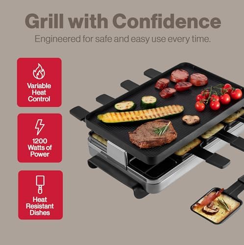 Swissmar Classic 8-Person Raclette Party Grill - Indoor Electric Grill & Griller with Reversible Cast Iron Grill Plate/Crepe Top - Anthracite Black