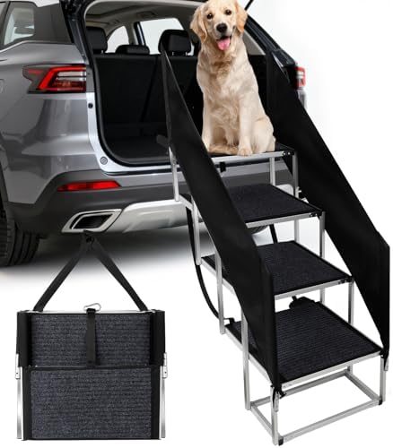 Deergym Dog Stairs for Large Dogs - 5 Step Wide 16in High 34in Foldable Dog Ramp for Car Non-Slip Surface Support up to 230lbs - Suitable for SUV,Truck, Sofas, Bed