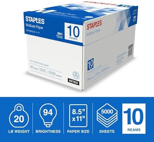 Staples Multipurpose Copy Paper, 8.5x11, 20lb, 94 Bright, 10 Reams/Carton | 5,000 white sheets total. Smooth finish reduces jams in copiers, laser & inkjet printers.