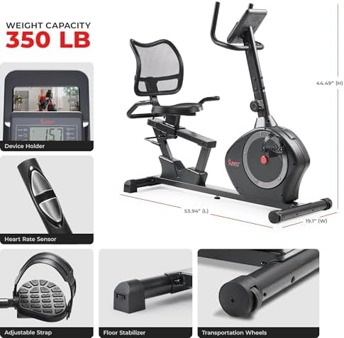 Sunny Health & Fitness Smart Recumbent Bike, Wide Cushioned Seat & Back, Indoor Cycling Machine for Adult/Seniors Home Exercise, Free SunnyFit App Connection