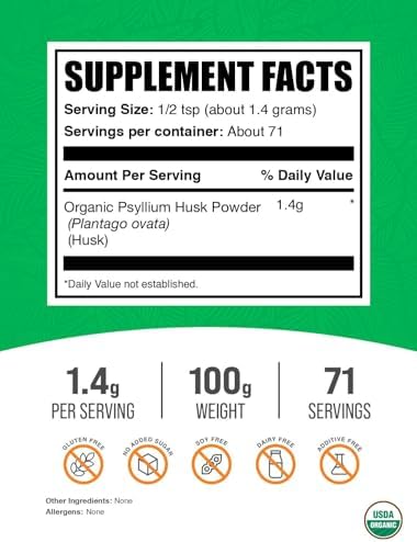 BulkSupplements.com Organic Psyllium Husk Powder - Psyllium Husk Powder for Baking, Fiber Supplement - Gluten Free, 1.4g per Serving, 1kg (2.2 lbs) (Pack of 1)