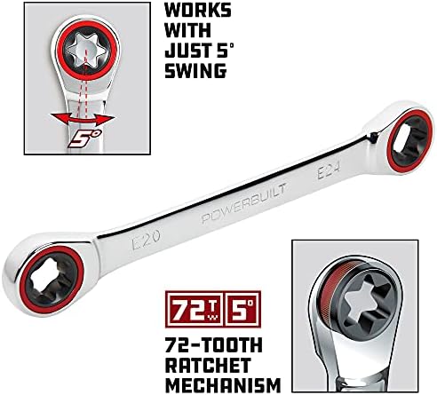 Powerbuilt E10/E12 Ratcheting Double Box-End E-Torx E-Star Wrench, 72-Tooth Ratcheting Wrench with 5-Degree Swing for Tight Spaces - 641760