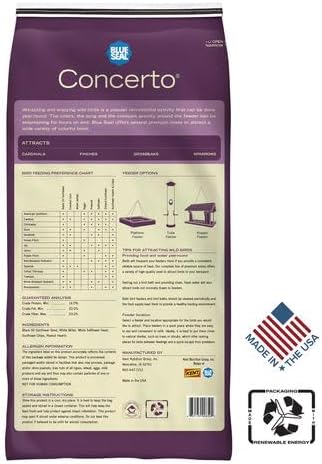 Blue Seal Concerto Wild Bird Seed | Premium High-Energy Blend | No Fillers, Corn-Free | Attracts a Wide Variety of Wild Outside Birds | Convenient Shell-Free Mix | Made in USA | 20 Pound Bag