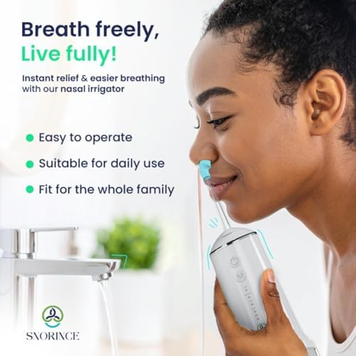 Nasal Irrigation System for Sinus Relief 30 Salt Packs 4 Rinse Modes | 4 Nozzles Portable Cordless Electric Neti Pot Nose Cleaner - Sinus Flush Kit