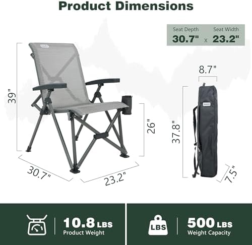 SUNNYFEEL High Back Folding Camping Chair 500 lbs with Aluminum Frame, Grey | Ergonomic Back Support, High-Resilience Fabric & Uv-Rated, Detachable Cup Holder and Carry Bag for Camping, Beach, RV, Patio