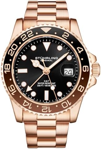 Stuhrling Original Men's Stainless Steel GMT Watch Quartz - 42mm Quartz Analog Wrist Watch for Men, Mens Quartz Watch, Stainless Steel Case