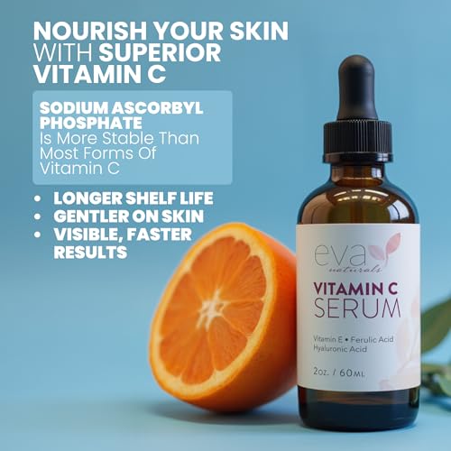Eva Naturals Vitamin C Serum 20%, Hyaluronic & Ferulic Acid, 1 oz | Vitamin E, dark spots, acne, anti-aging, glow, even skin tone