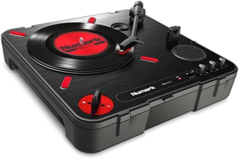 Numark PT01 Scratch Portable DJ Turntable | Scratch Switch, Built-In Speaker, 3-Speed Playback, USB Out, AC and Battery Power for Portablists